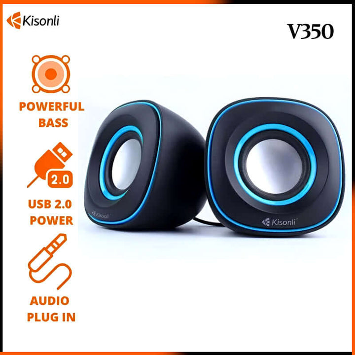 Kisonli V350 Compact USB 2.0 Speakers – Deep Bass Sound with AUX for Laptop & Desktop