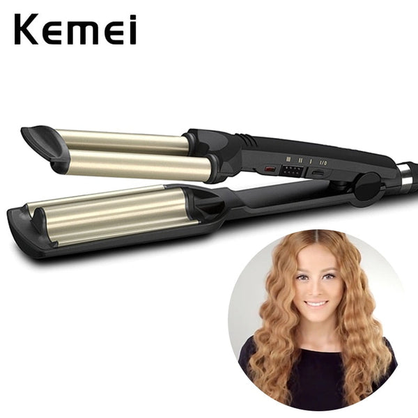 KEMEI پروفیشنل ہیئر کرلر 3 بیرل بگ ویو کرلنگ آئرن سیرامک ​​ہیئر اسٹائلنگ ٹول کے ساتھ