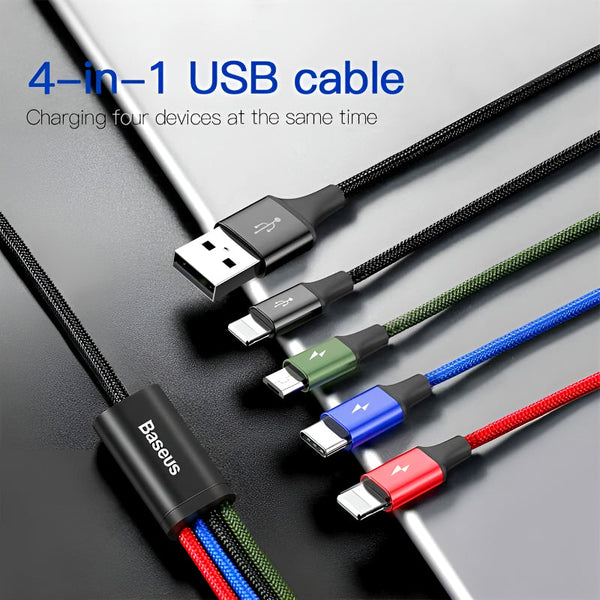 Baseus 4 in 1 Dual iPhone + Type C + Micro USB High Quality Nylon Braided Universal Multi Charging Cable