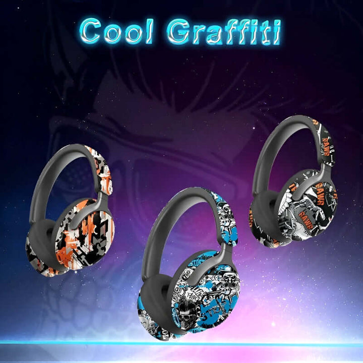 AKZ-38 graffiti style wireless headphones in various designs on a colorful background