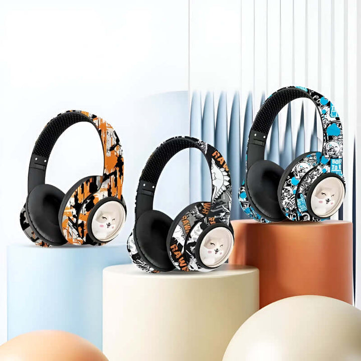 AKZ-36 Creative Graffiti Wireless Bluetooth 5.3 Headphones – Foldable Headset with Hi-Fi Sound, FM Radio, Microphone, and TF Card Support