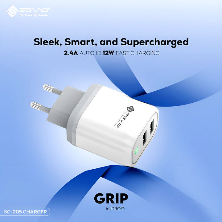 SOVO SG-205 Grip Series Dual Port 12W Quick Charger with Smart Chip & Fireproof Safety Enclosure
