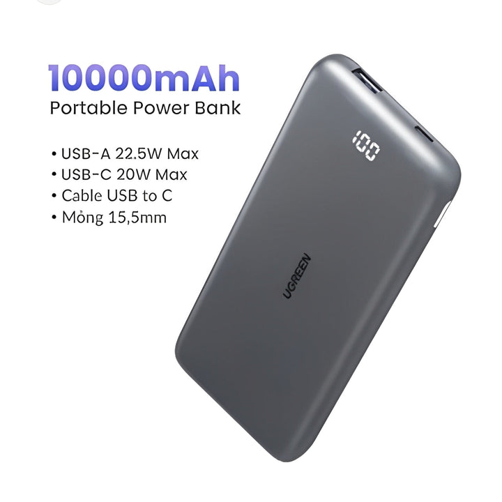UGREEN PB-200 Ultra-Thin 10,000mAh Power Bank with PD 20W Fast Charging, LED Display, and Trickle Charge