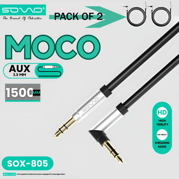 Pack of 2, Sovo Moco SOX-805 3.5mm AUX Cables, High Fidelity Sound, 1.5m Length