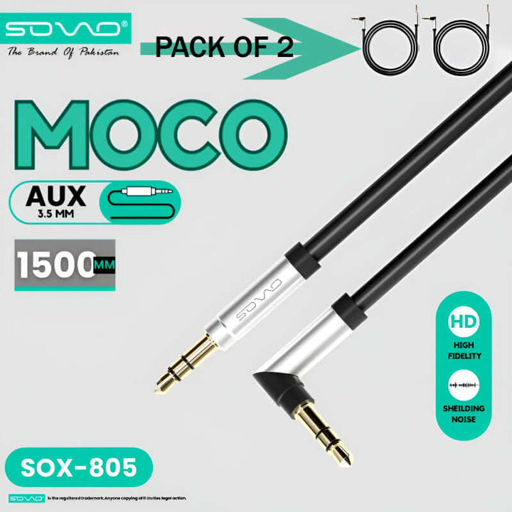 Pack of 2, Sovo Moco SOX-805 3.5mm AUX Cables, High Fidelity Sound, 1.5m Length