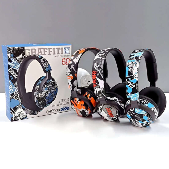 AKZ-38 graffiti style wireless Bluetooth headphones with 6D stereo sound, colorful designs, and packaging.
