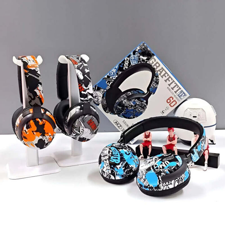 AKZ-38 Graffiti Style Wireless Bluetooth Headphones displayed with colorful design and 90° rotating earmuffs.