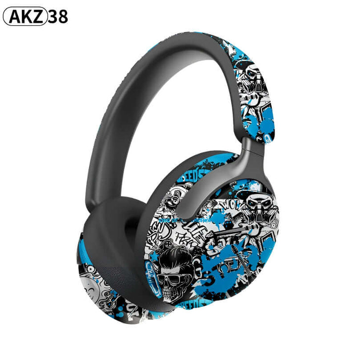AKZ-38 graffiti style wireless Bluetooth headphones with 6D stereo sound and built-in mic, vibrant blue design.