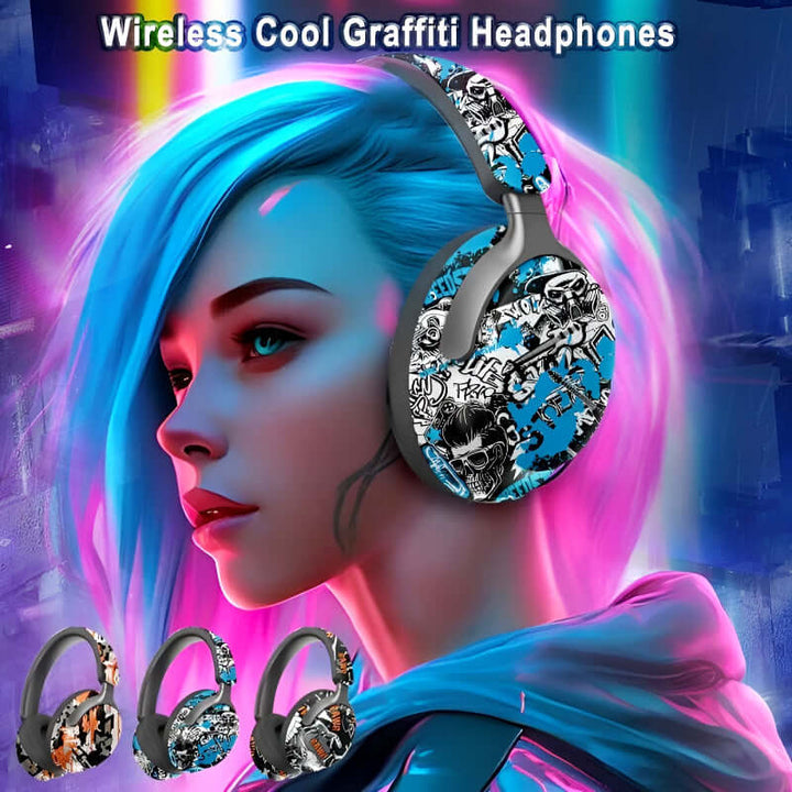 Graffiti style wireless headphones with 6D stereo sound, vibrant design, and comfy earmuffs