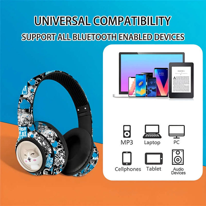 AKZ-36 Creative Graffiti Wireless Bluetooth 5.3 Headphones – Foldable Headset with Hi-Fi Sound, FM Radio, Microphone, and TF Card Support