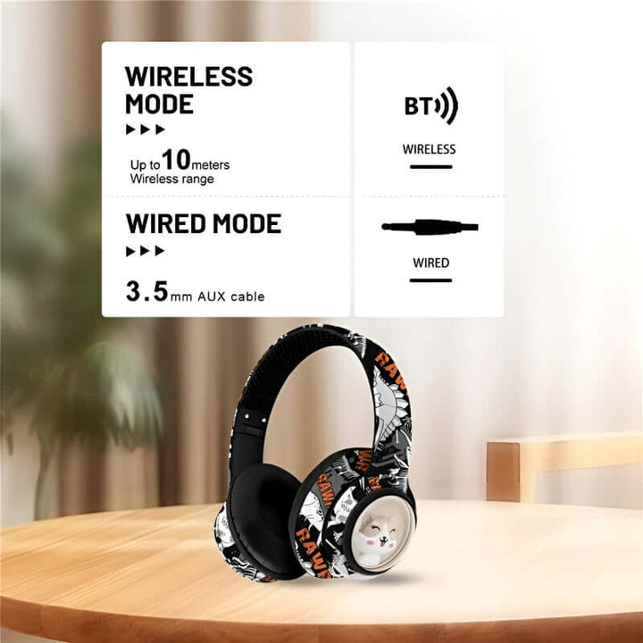 AKZ-36 Creative Graffiti Wireless Bluetooth 5.3 Headphones – Foldable Headset with Hi-Fi Sound, FM Radio, Microphone, and TF Card Support