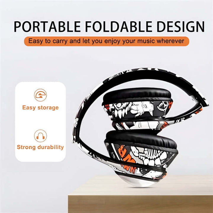 AKZ-36 Creative Graffiti Wireless Bluetooth 5.3 Headphones – Foldable Headset with Hi-Fi Sound, FM Radio, Microphone, and TF Card Support