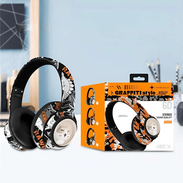 AKZ-36 Creative Graffiti Wireless Bluetooth 5.3 Headphones – Foldable Headset with Hi-Fi Sound, FM Radio, Microphone, and TF Card Support
