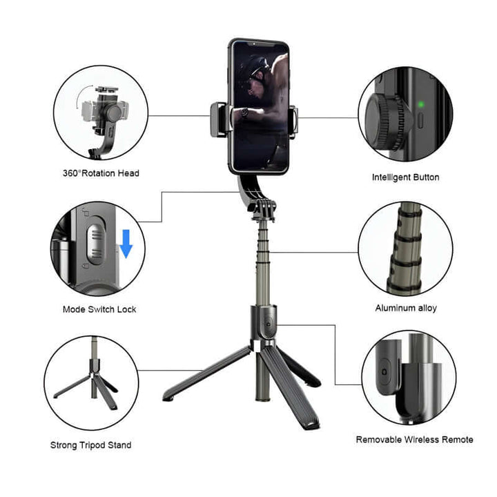 Tripod Handheld Gimbal Stabilizer Selfie Stick – 360° Rotation, Wireless Remote, Anti-Shake, Aluminum Alloy, Compatible with Android/iOS