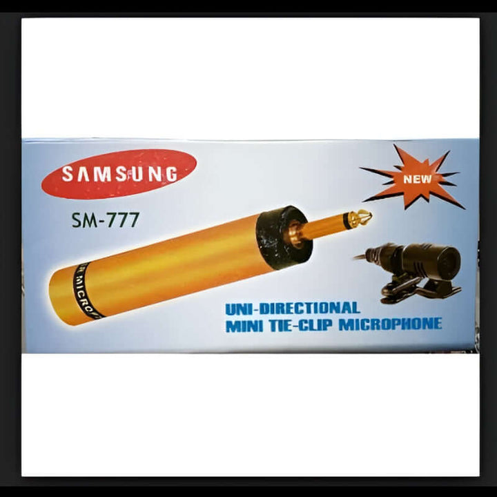 Samsung SM-777 uni-directional mini tie-clip microphone, featuring a 6.35mm jack for professional audio capture.