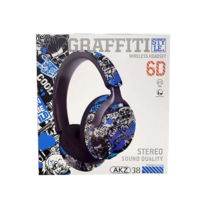 AKZ-38 graffiti style wireless Bluetooth headphones with 6D stereo sound and colorful design.