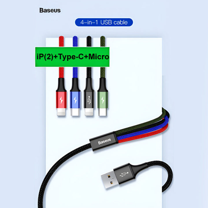 Baseus 4 in 1 Dual iPhone + Type C + Micro USB High Quality Nylon Braided Universal Multi Charging Cable