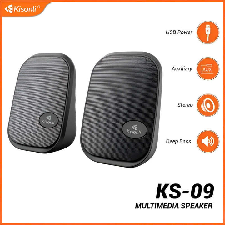 Kisonli KS-09 USB 2.0 Stereo Multimedia Speakers – Dual 3W Output, AUX & USB Powered, Compact Design for Desktop, Laptop, Mobile & Tablets