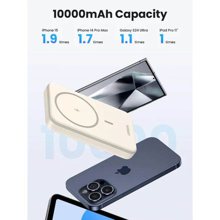 UGREEN PB561 10,000mAh Magnetic Wireless Power Bank with 20W PD + 15W Qi Fast Charging, Slim Design, LED Display, Trickle Mode & Airline-Safe