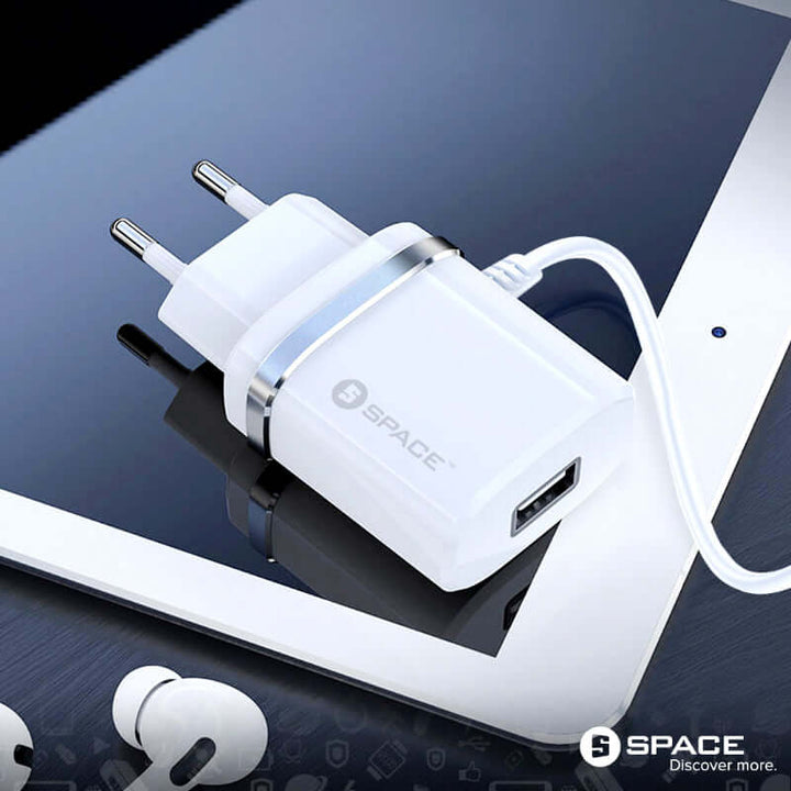 SPACE WC-105 Fast 2.4A Wall Charger with Built-in 1.5m Micro USB Cable & Extra USB Port