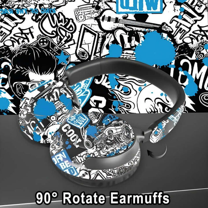 AKZ-38 graffiti style wireless Bluetooth headphones with 90° rotating earmuffs and vibrant design.