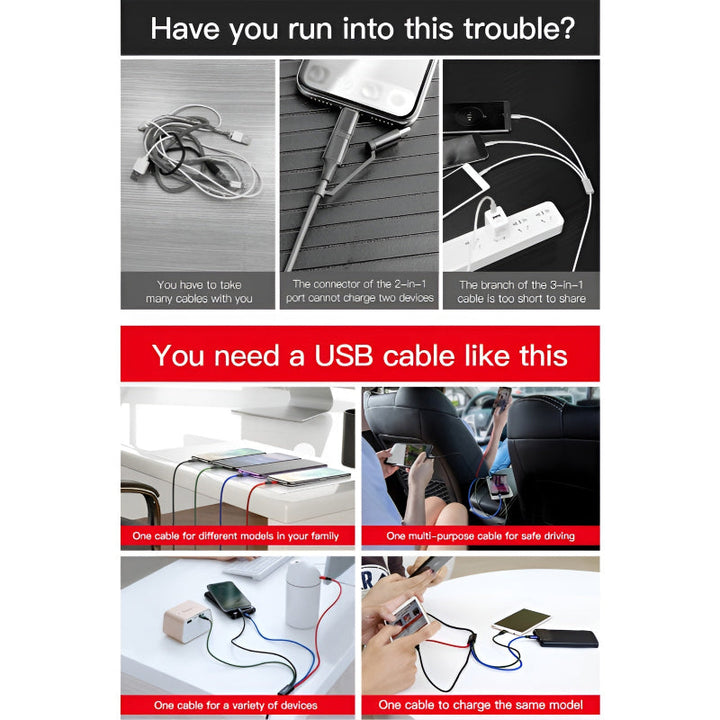 Baseus 4 in 1 Dual iPhone + Type C + Micro USB High Quality Nylon Braided Universal Multi Charging Cable