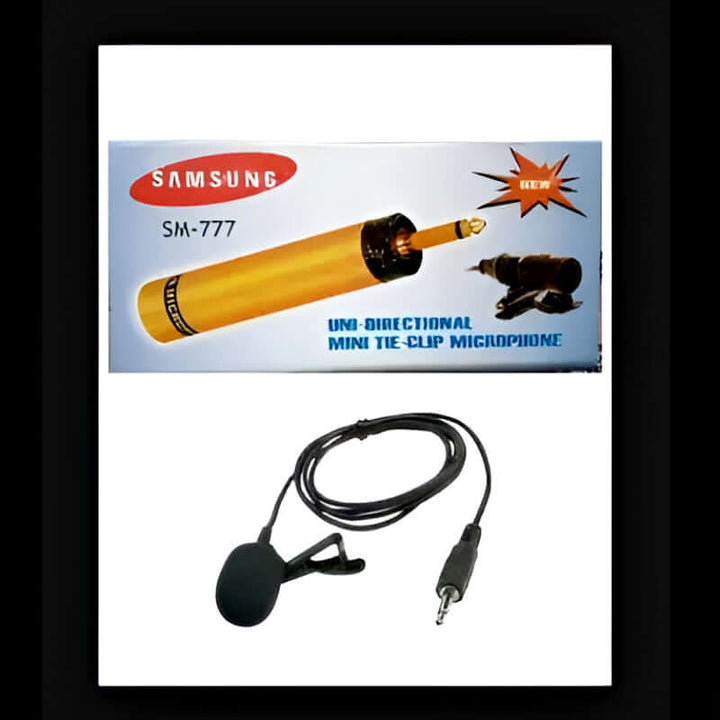 Samsung SM-777 mini tie clip microphone with unidirectional pattern, 3m cable, and 6.35mm jack.
