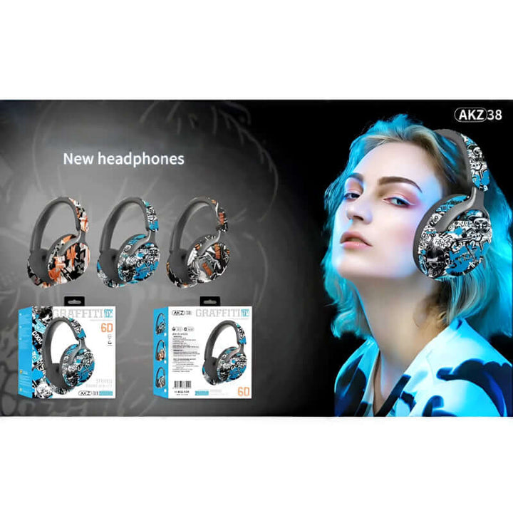 AKZ-38 graffiti style wireless Bluetooth headphones with 6D stereo sound and model display.