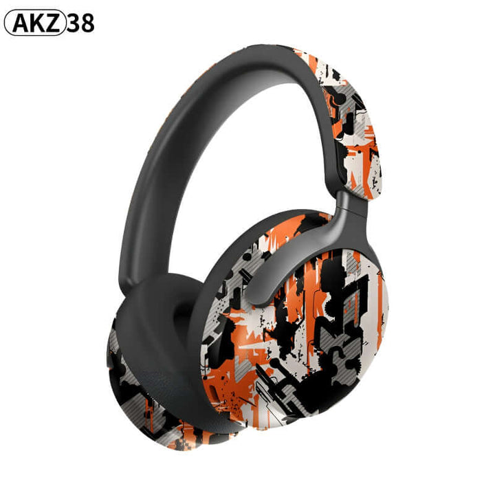 AKZ-38 graffiti style wireless Bluetooth headphones with 90° rotating earmuffs and vibrant design.