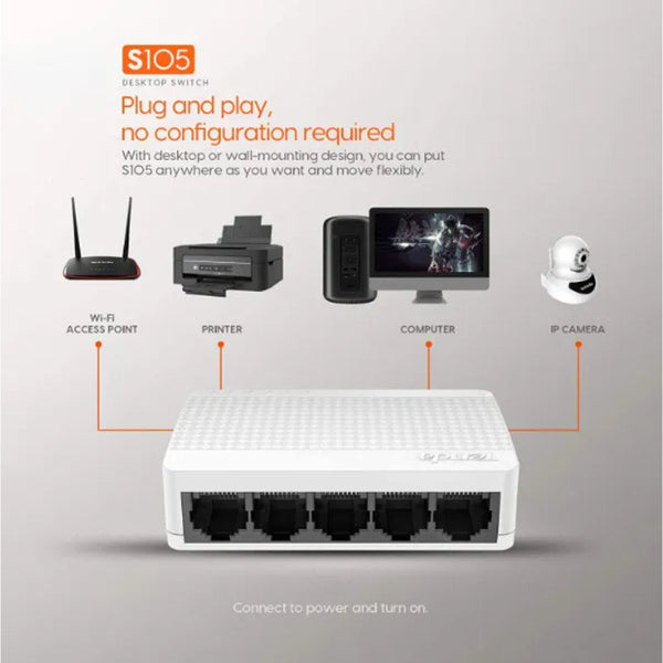 Tenda S105 5-Port 10/100Mbps Sleek And Compact Unmanaged Desktop Fast Ethernet Switch Splitter With Low Power Consumption