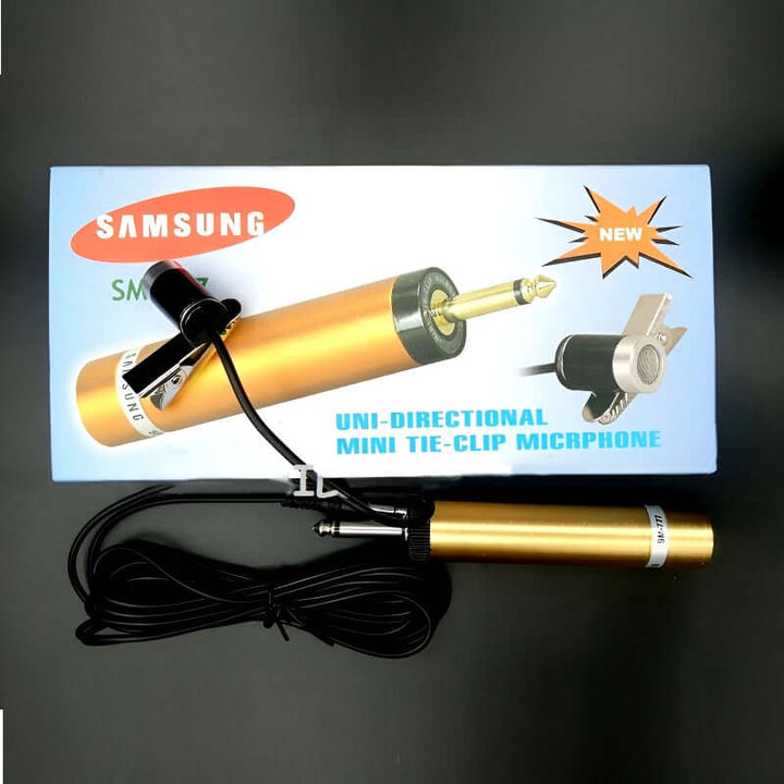 Samsung SM-777 uni-directional mini tie clip microphone with 6.35mm jack, dynamic noise cancellation, and 3m cable.