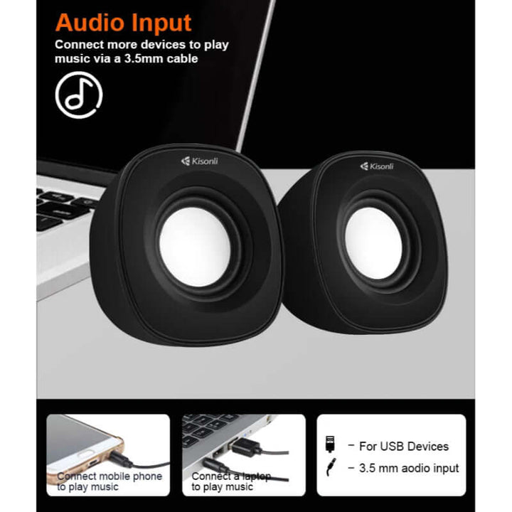 Kisonli V350 Compact USB 2.0 Speakers – Deep Bass Sound with AUX for Laptop & Desktop
