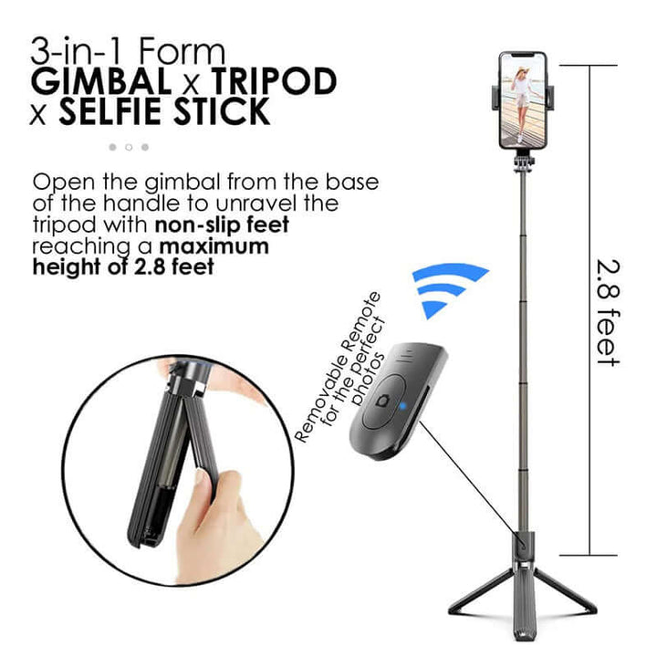 Tripod Handheld Gimbal Stabilizer Selfie Stick – 360° Rotation, Wireless Remote, Anti-Shake, Aluminum Alloy, Compatible with Android/iOS