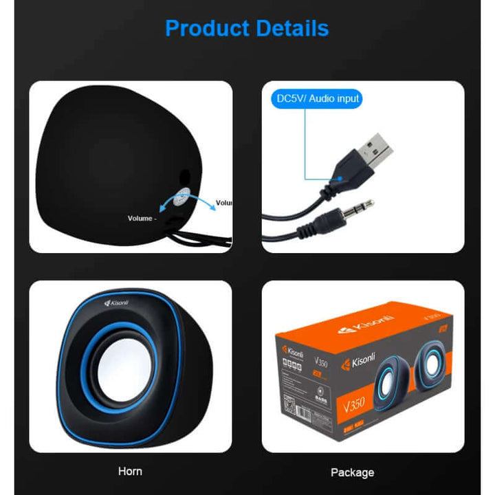 Kisonli V350 Compact USB 2.0 Speakers – Deep Bass Sound with AUX for Laptop & Desktop