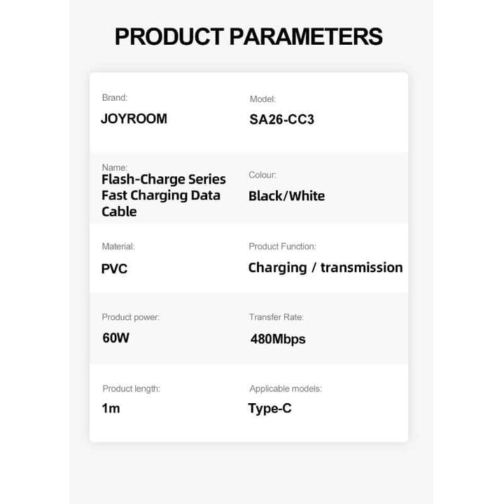 JOYROOM A26 60W Type-C to Type-C Fast Charging High-Quality Data Cable